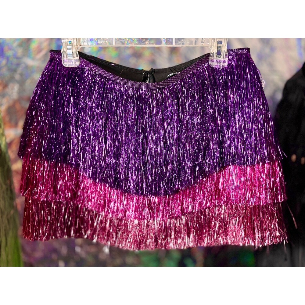 NWT Nasty Gal Layered Tinsel Fringe Party Festival Skirt Skort Pink & Purple 10